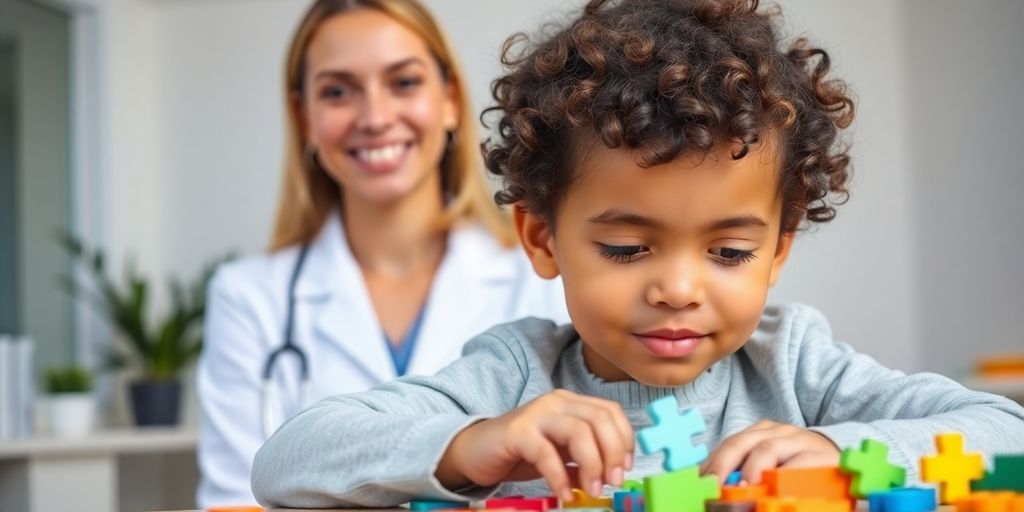 Child focused on puzzle, professional nearby