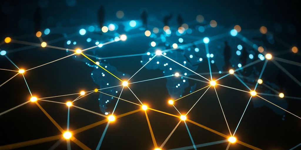 Abstract network of glowing lines connecting diverse human figures.