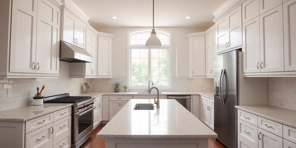 Modern kitchen with white cabinets and stainless steel appliances.
