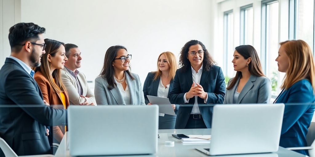 Diverse professionals collaborating in a modern office space.