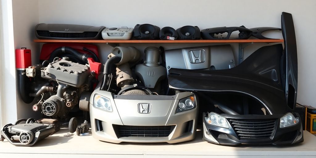 Honda car parts laid out on a workbench in Melbourne.