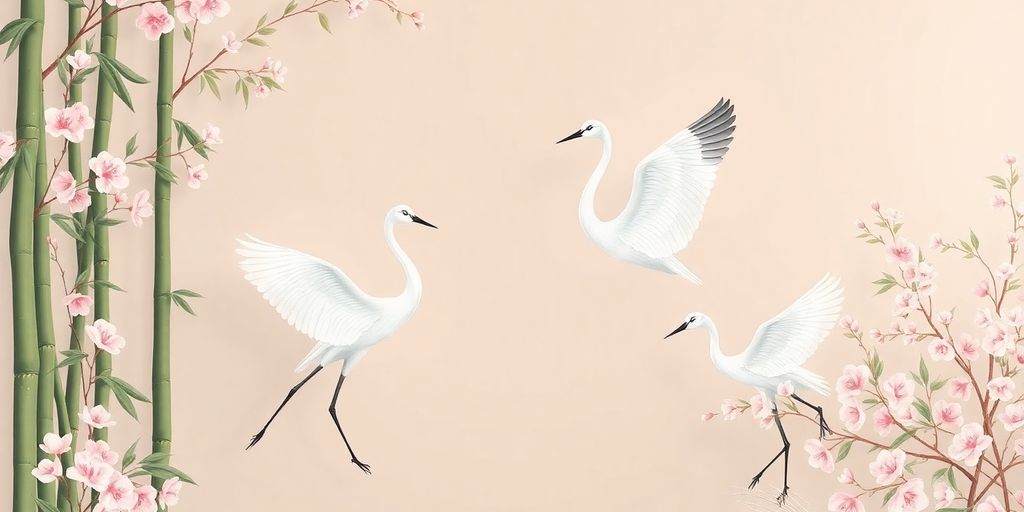 Papier peint japonais avec des grues élégantes.
