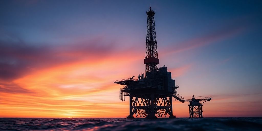 Oil rig at sunset against a colorful sky.