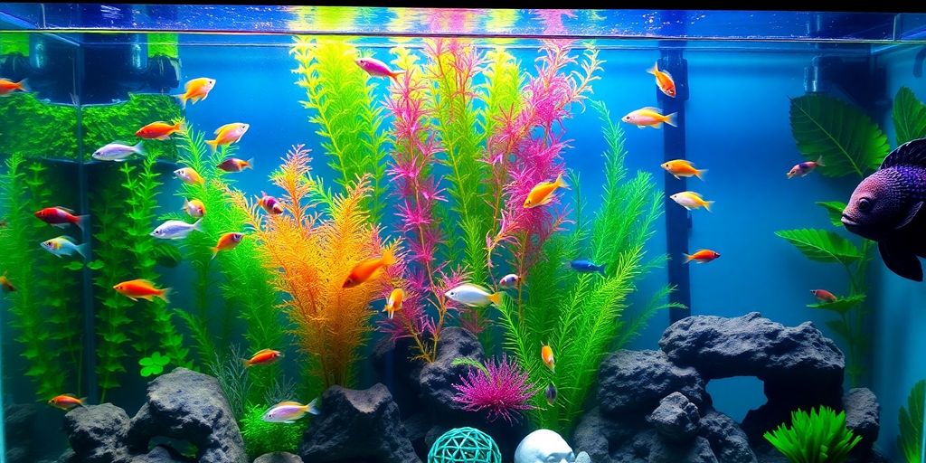 Tanque de acuario colorido con peces y plantas acuáticas.