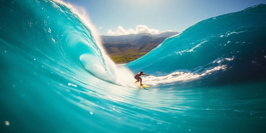 A surfer riding a large, blue ocean wave in Maui.