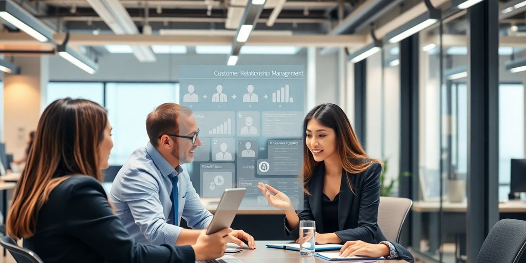 Pracovníci nastavující CRM systém v kanceláři.