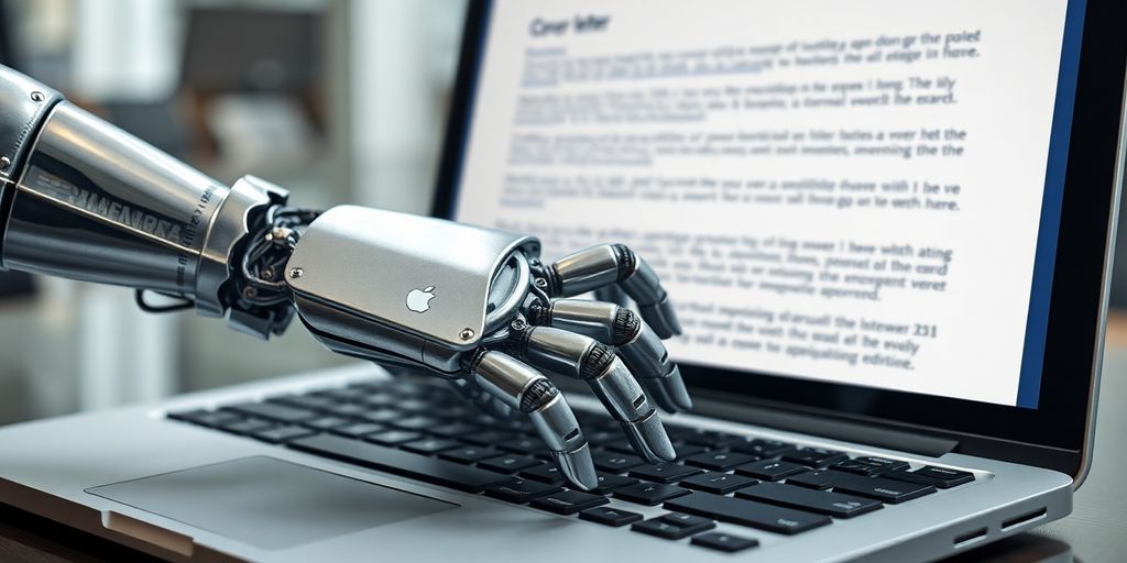 Robotic hand typing cover letter on laptop
