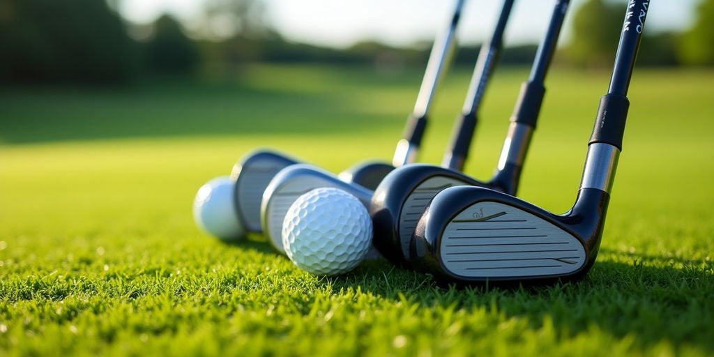 Latest golf equipment on a green golf course.