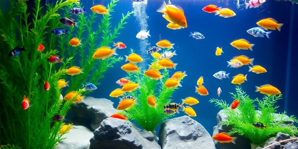 Makukulay na isda na lumalangoy sa isang masaganang home aquarium.
