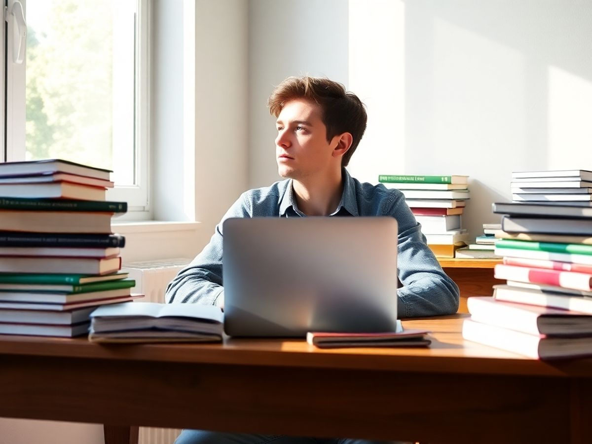Student contemplating education financing with books and laptop.