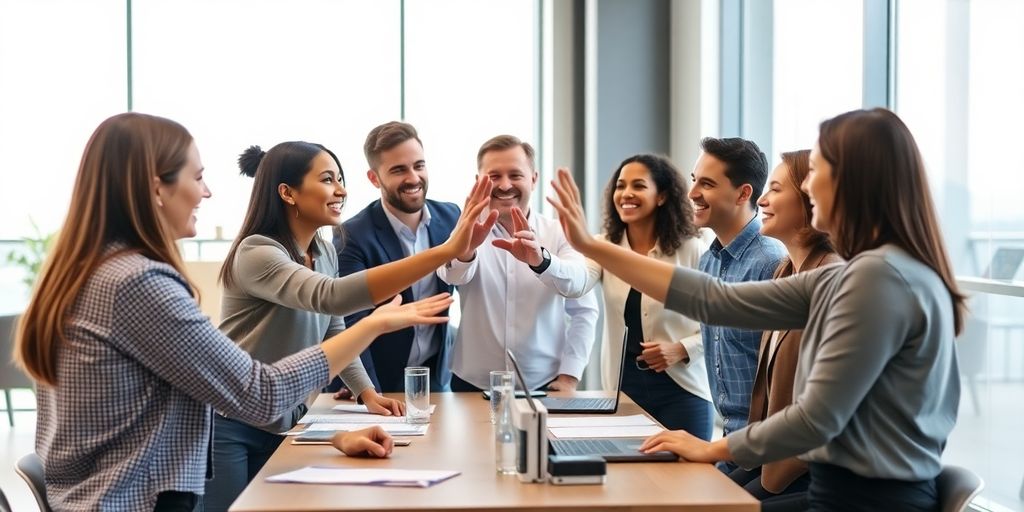 Sales and marketing teams, unified, high-fiving.