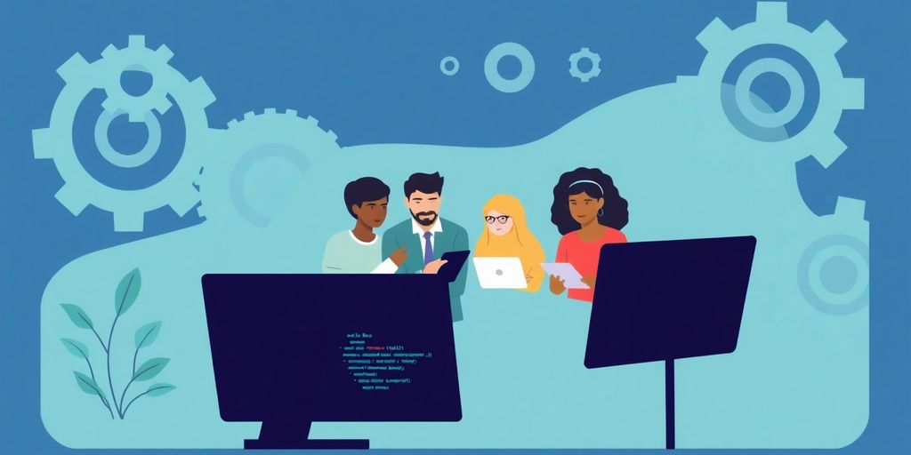 Illustrative image of person coding, gears, and team collaboration.
