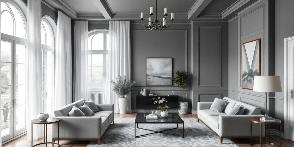 Elegant monochromatic room with stylish decor and lighting.