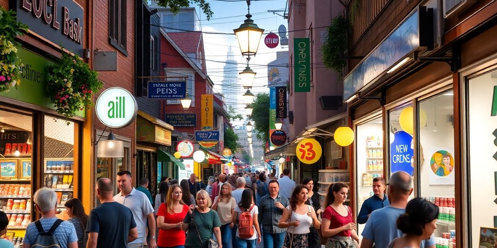Diverse local businesses in a vibrant, bustling street scene.