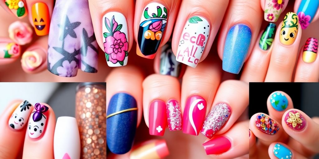 Unhas decoradas com diferentes estilos e cores.