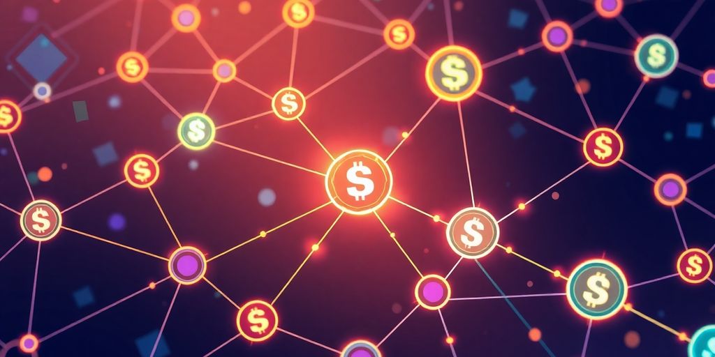 Illustrative image of nodes and digital currency symbols.