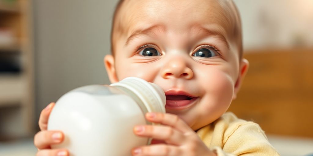 Happy baby drinking lactose-free formula bottle.