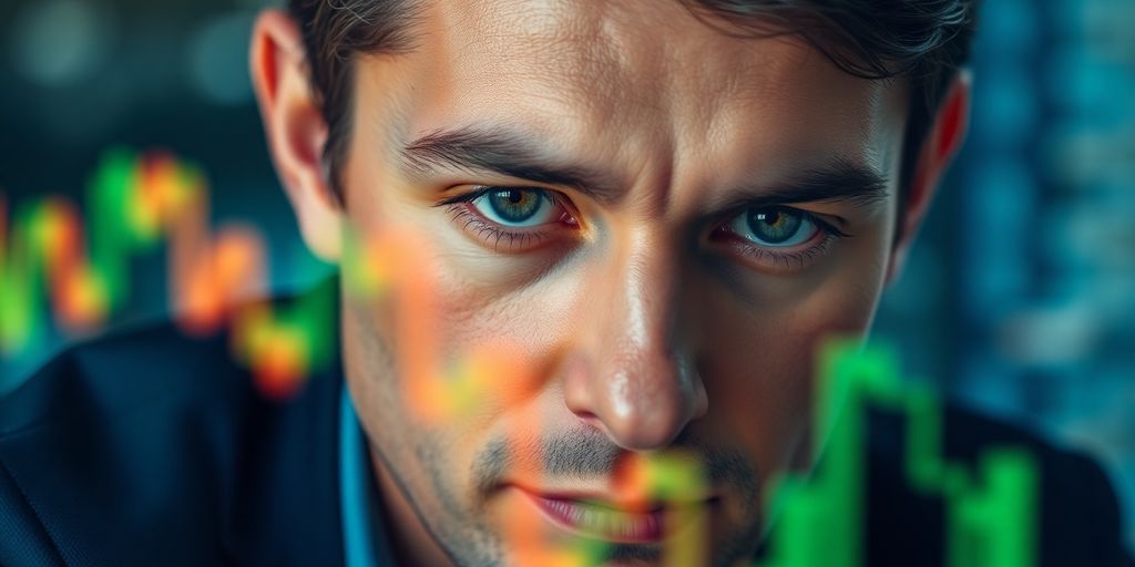A person thoughtfully studying a vibrant stock market display.