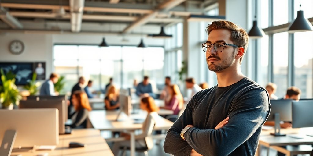 Co-founder leading team in modern British office.
