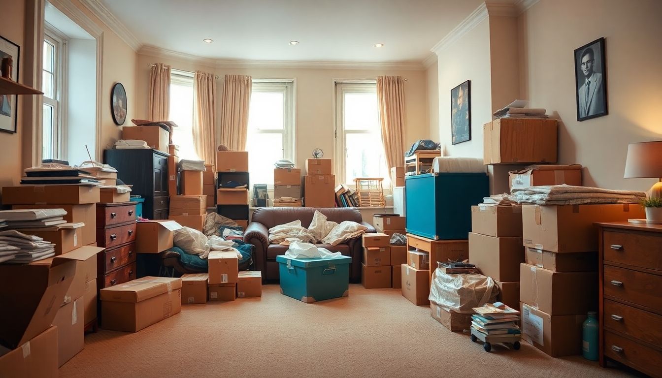 Cluttered room with boxes and furniture for clearance.