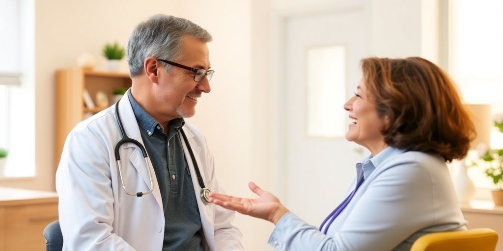 Psychosoziale Aspekte der Gallenwegsentzündung: Patient und Arzt in einer hellen Arztpraxis.