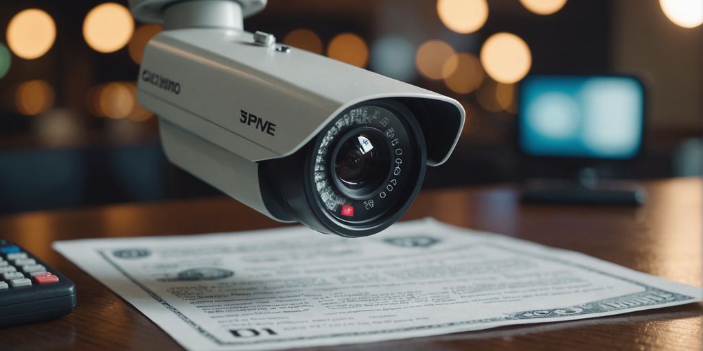 CCTV camera, dollar signs, insurance policy document