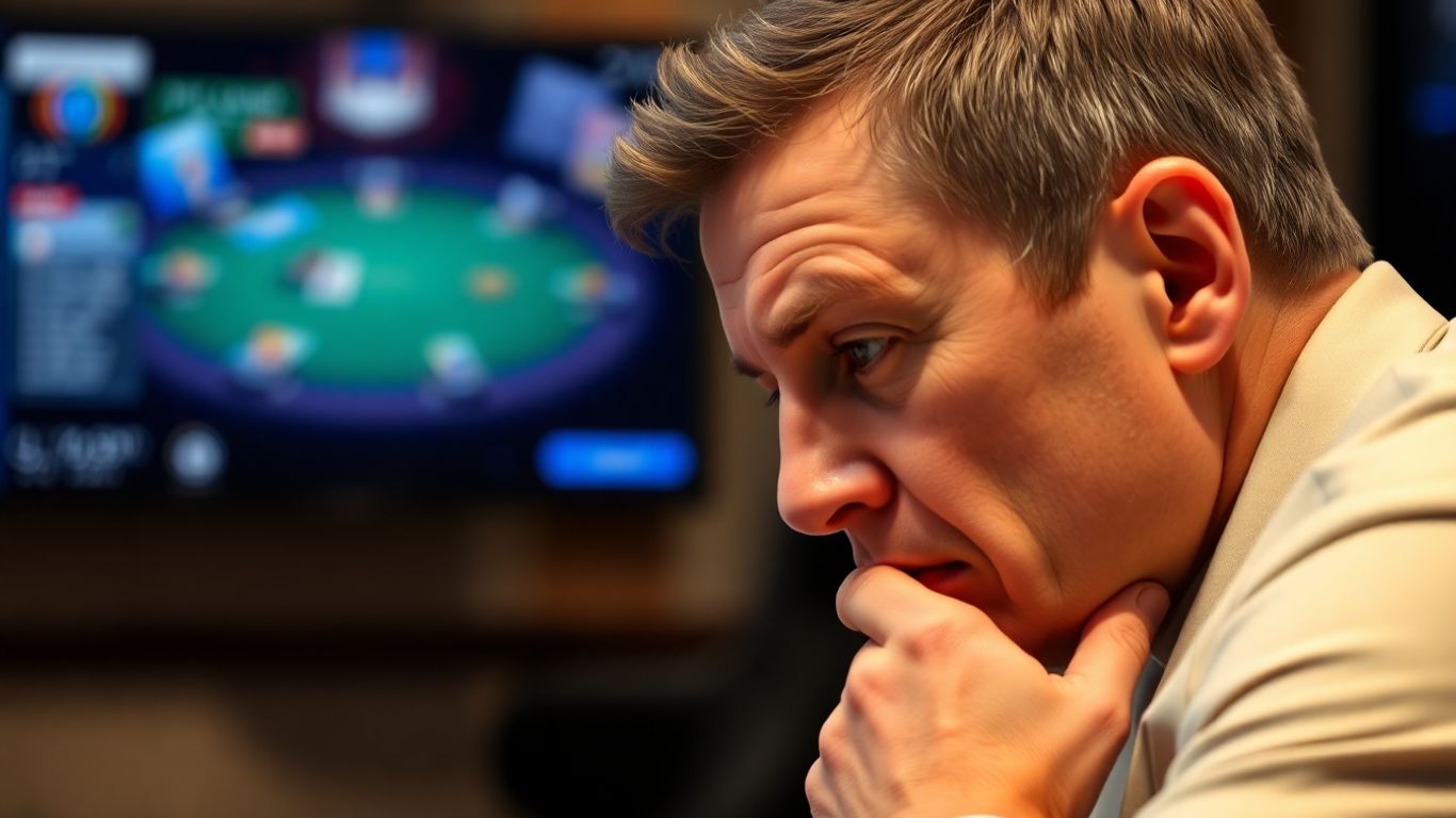 Poker player reviewing game on screen