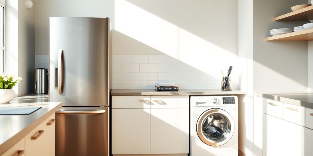 Energy-efficient refrigerator and washing machine.