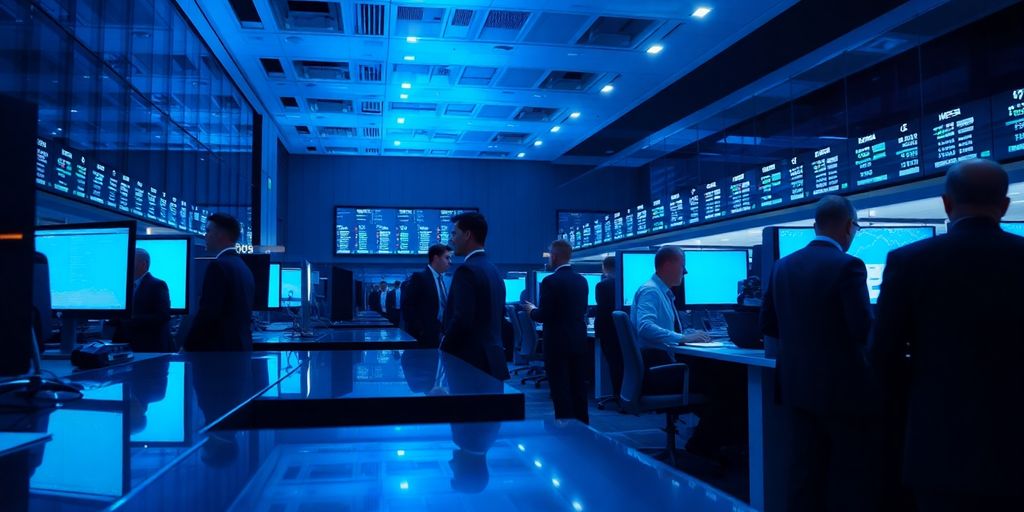 Trading floor with focused professionals in suits under blue lighting.