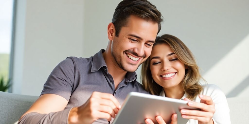 Australian couple planning finances with colourful digital tablet.