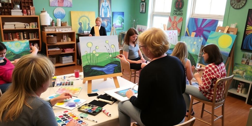 Artist painting in a lively class at Painting with a Twist.