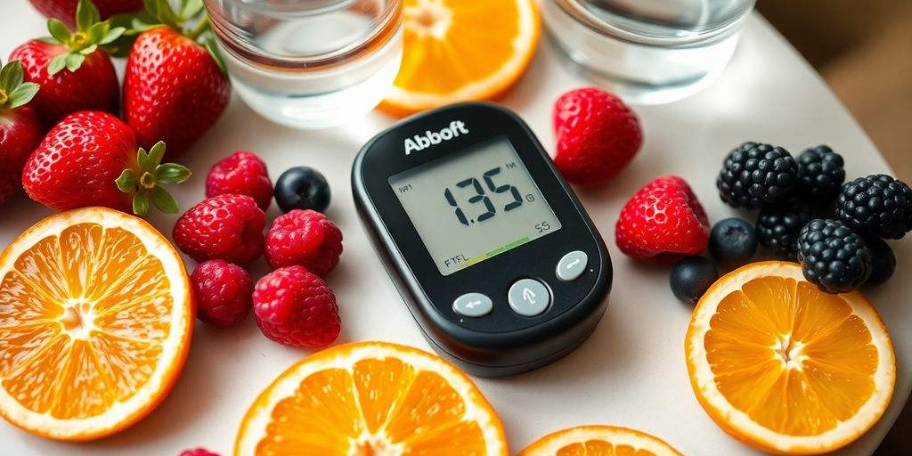 Table with Abbott glucometer, fruits, and water.