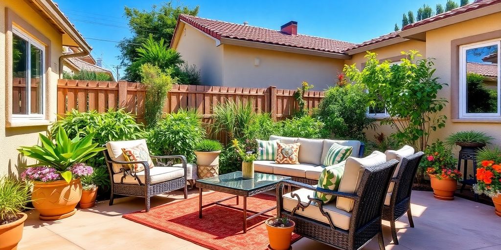 Inviting backyard patio with comfortable seating and lush greenery.