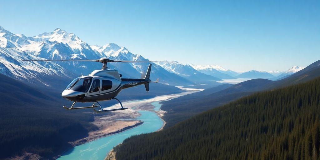 An MD500E helicopter flying over a vast Alaskan mountain range.