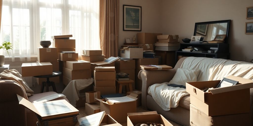 Estate items, packed boxes, furniture, and personal belongings.