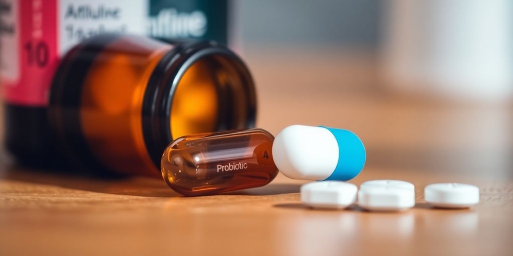 Probiotic and antibiotic capsules on a wooden surface.