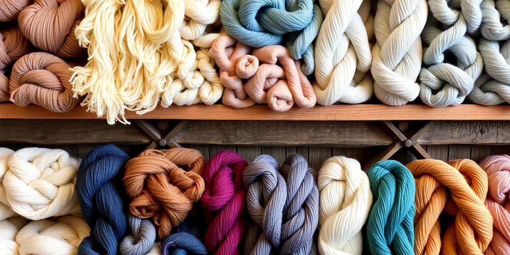 Colorful yarn skeins neatly arranged on wooden shelves.