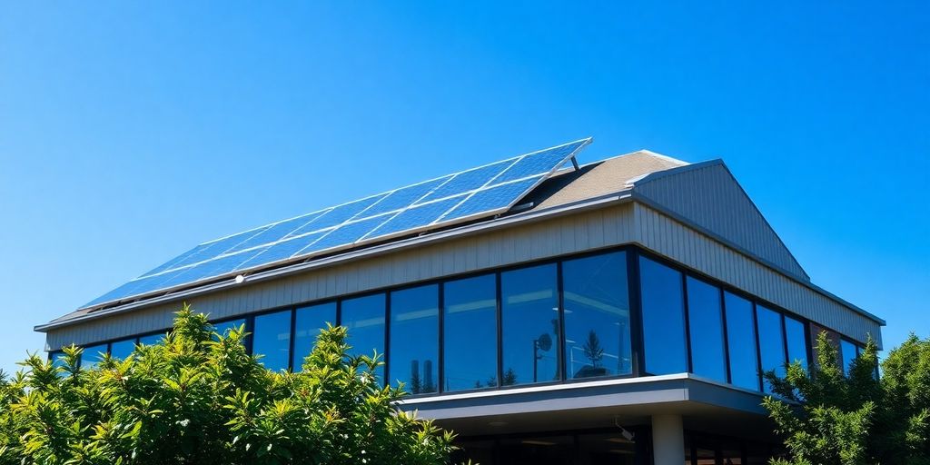 Commercial building with solar panels under bright sunlight.