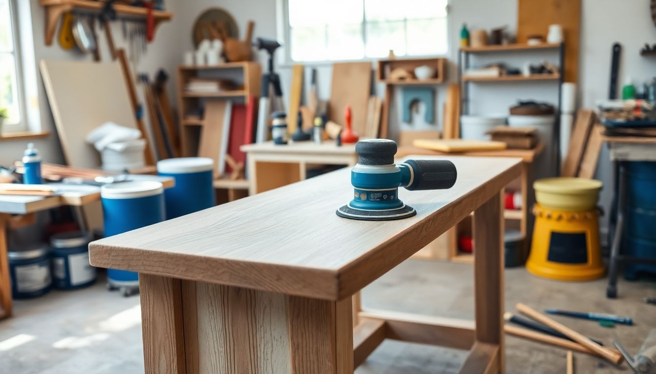 Wooden table being sanded in a bright workshop.