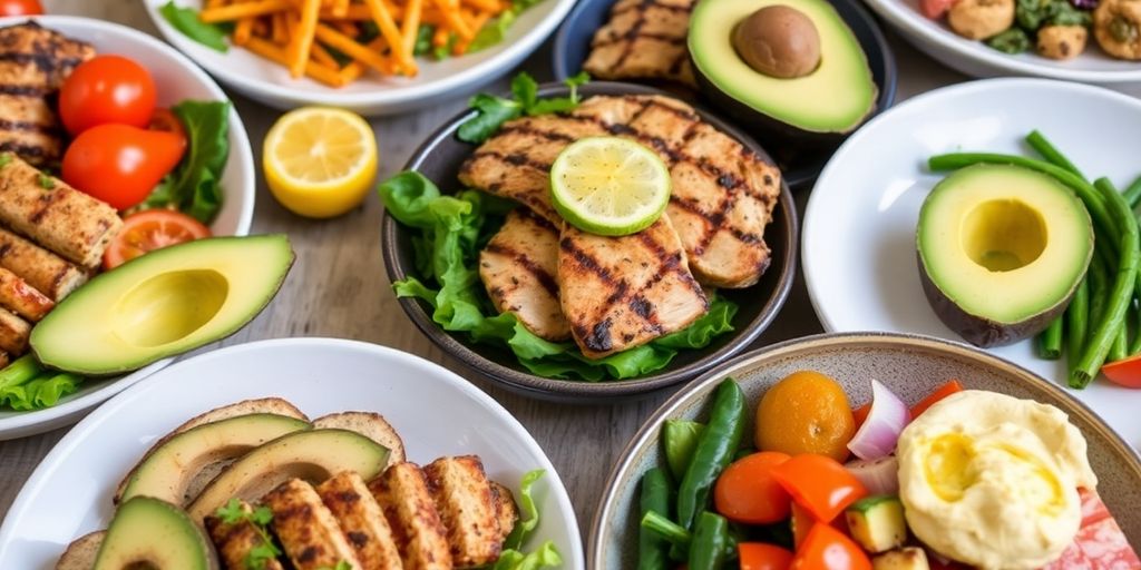 Colorful low-carb dinner dishes with fresh ingredients.