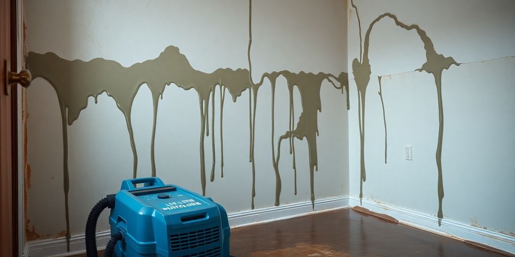 Water-damaged room with restoration tools visible.