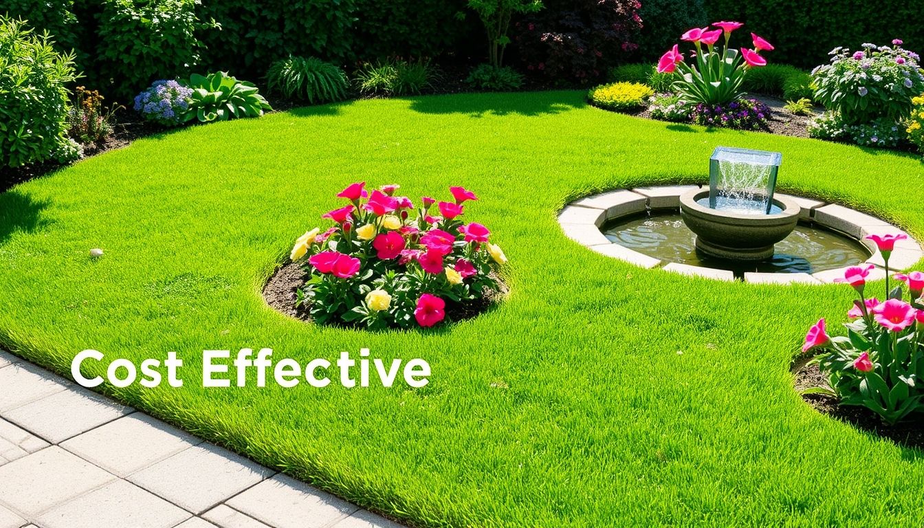 Illustrative garden with flowers and water feature