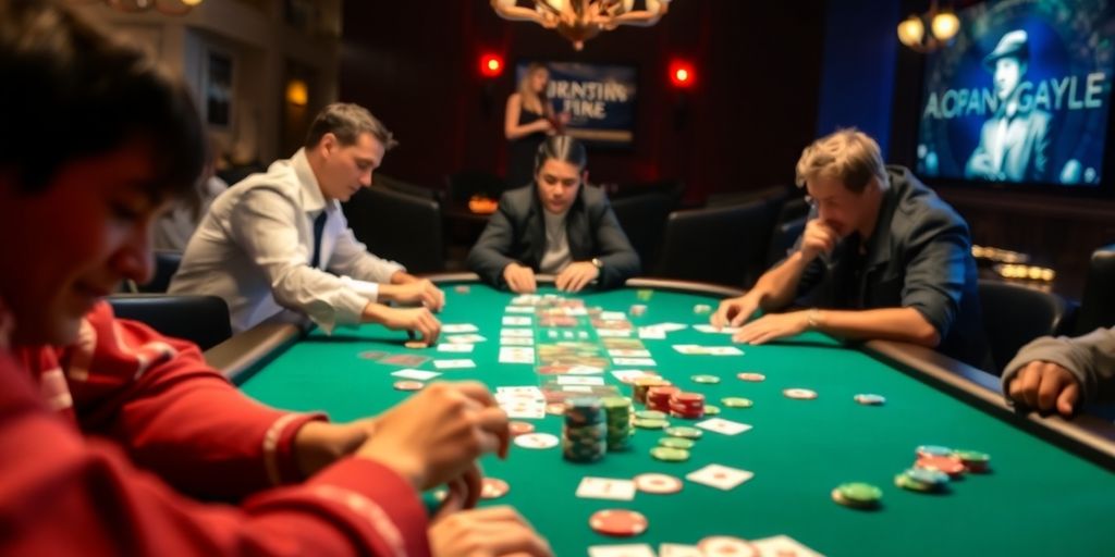 Poker table with players and colorful chips and cards.