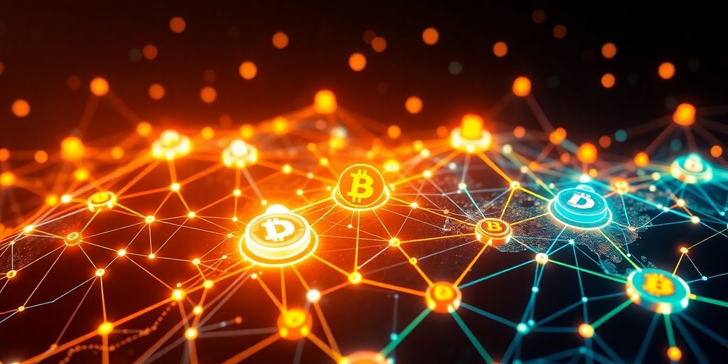 Colorful blockchain nodes with cryptocurrency coins and app interfaces.