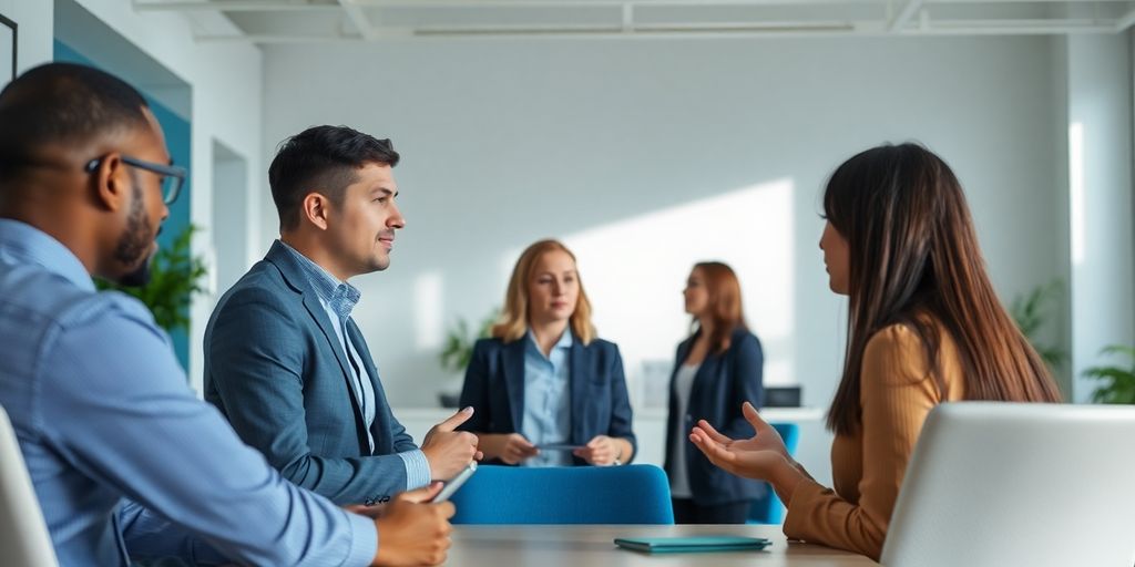 FAQ Werkvertrag: Abgrenzung zu anderen Vertragsformen leicht erklärt Professionelles Büro mit Menschen im Gespräch über Verträge.
