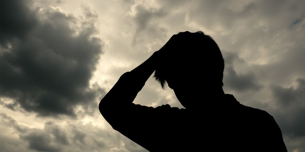 Person experiencing stress with a stormy cloud overhead.