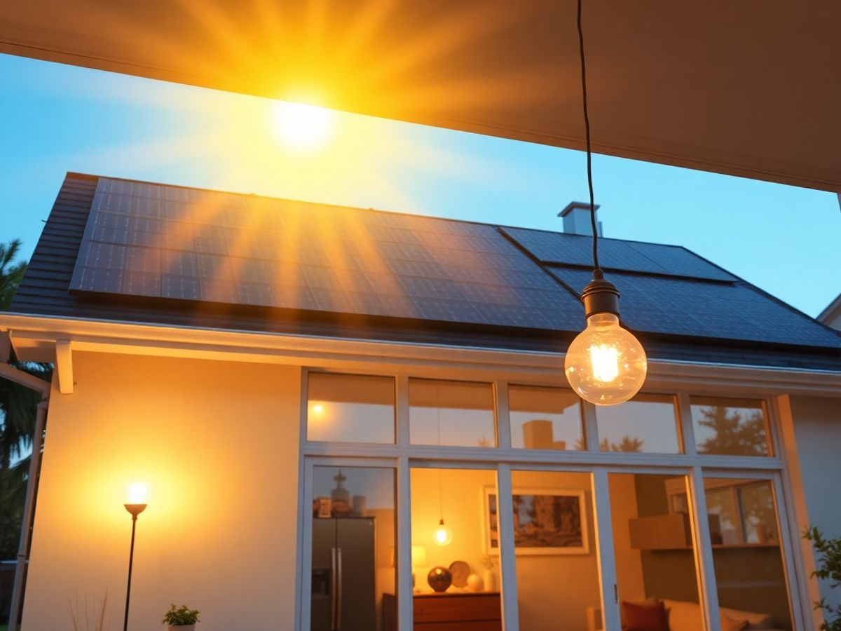 Casă cu panouri solare și becuri aprinse.