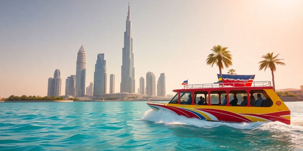 Water taxi on Dubai waters with skyscrapers in background.