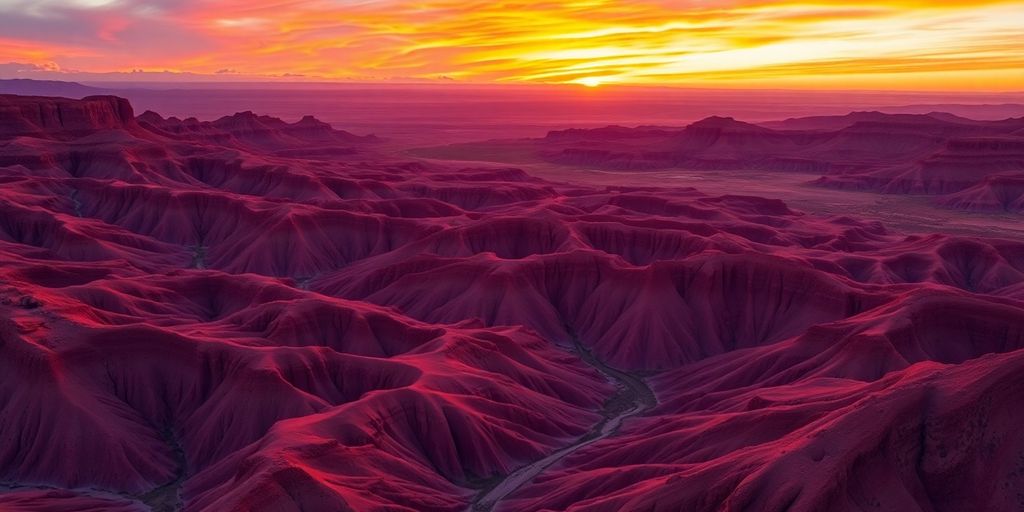 Fiery red rock formations glowing under a dramatic sunset sky.