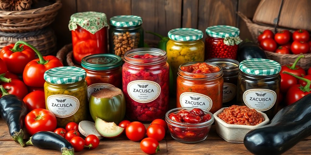 Borcan cu zacuscă artizanală și legume proaspete.